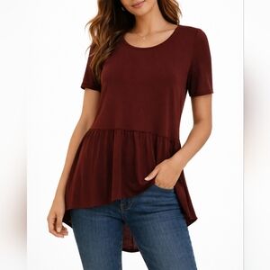 MOTE Purple Peplum High-Low Lace-up Back Short Sleeve Blouse Small